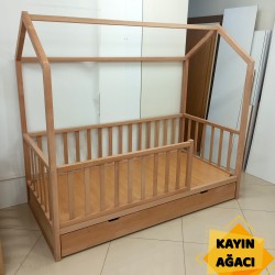 Doğal Kayın Çatılı Yavrulu Montessori Karyola 90x190