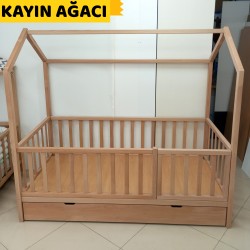 Doğal Kayın Çatılı Yavrulu Montessori Karyola 90x190