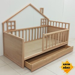 Doğal Kayın Ağacı Pencereli ve Yavrulu Karyola 90x190