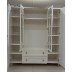 Krem Şifonyer ve Camlı Panjur İşlemeli 4 Kapılı Dolap