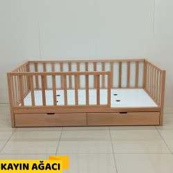 Doğal Kayın Çekmeceli Montessori Karyola 90x190 cm