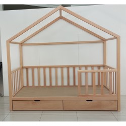 Doğal Kayın Çatılı Çekmeceli Montessori Karyola 90x190